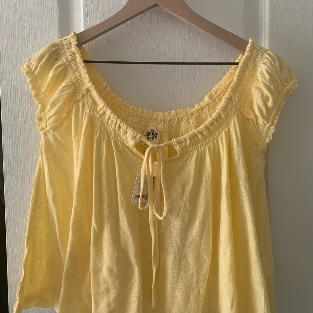 We The Free Light Yellow Peasant Tie-Neck Top